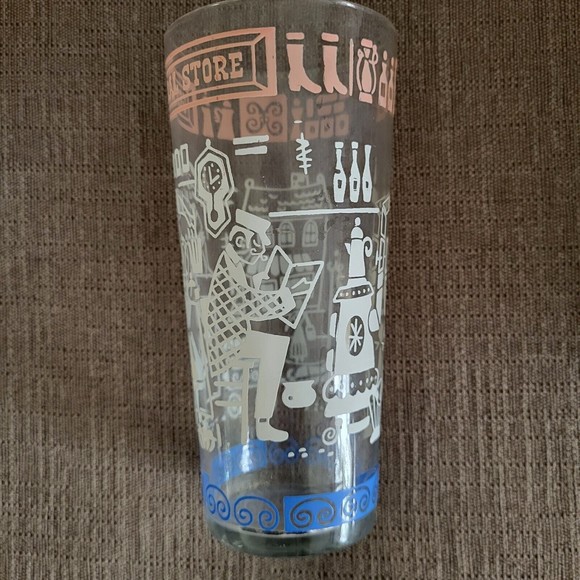Vintage General Store Drinking Glass Embossed Pink White Blue Mid Century - Picture 2 of 12